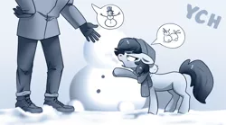 Size: 1438x800 | Tagged: safe, artist:28gooddays, derpibooru import, human, pony, clothes, commission, image, monochrome, png, snow, snowman, winter, winter outfit, ych example, ych sketch, your character here