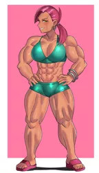 Size: 800x1392 | Tagged: safe, artist:tzc, derpibooru import, babs seed, human, abs, alternate hairstyle, belly button, clothes, ear piercing, earring, feet, female, grin, humanized, image, jewelry, jpeg, muscles, muscular female, older, older babs seed, piercing, sandals, shorts, smiling, solo, sports bra, sports shorts