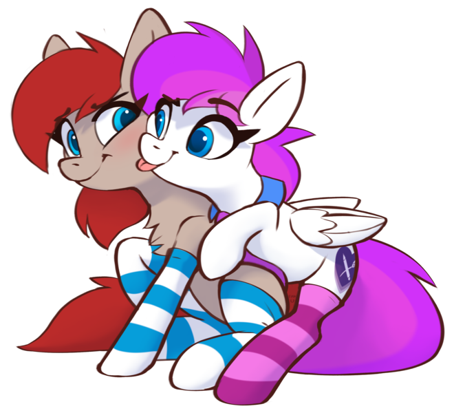Size: 2939x2671 | Tagged: safe, artist:sharemyshipment, derpibooru import, oc, oc:lavanda, oc:ponepony, unofficial characters only, earth pony, pegasus, derpibooru community collaboration, 2022 community collab, clothes, couple, female, image, lesbian, png, ponelav, shipping, simple background, socks, striped socks, tongue out, transparent background