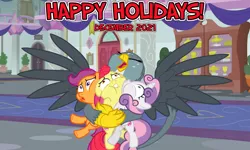 Size: 2064x1242 | Tagged: safe, artist:jeatz-axl, artist:not-yet-a-brony, derpibooru import, apple bloom, gabby, scootaloo, sweetie belle, earth pony, pegasus, unicorn, 2021, bear hug, christmas, christmas eve, cutie mark crusaders, december, friendship, friendship tutors, happy holidays, hearth's warming, hearth's warming eve, holiday, hug, image, new years eve, png, school of friendship