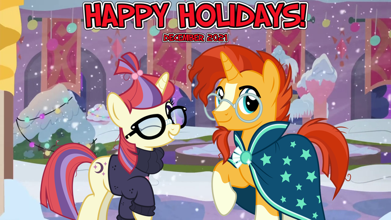 Size: 2063x1160 | Tagged: safe, anonymous artist, artist:chainchomp2 edit, artist:jhayarr23, derpibooru import, edit, moondancer, sunburst, unicorn, 2021, christmas, christmas eve, december, duo, female, friendship, happy holidays, hearth's warming, hearth's warming eve, holiday, image, librarian, male, new year, new years eve, one eye closed, png, school of friendship, shipping, smiling, snow, snowfall, straight, sundancer, vector, vice principal sunburst, wink, winter, youtube link in the description