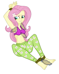 Size: 1659x2062 | Tagged: suggestive, derpibooru import, fluttershy, equestria girls, ankle tied, barefoot, bondage, bra, breasts, clothes, feather, feet, female, image, midriff, pajamas, png, rope, rope bondage, simple background, solo, solo female, tickle torture, tickling, transparent background, underwear