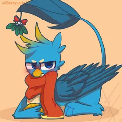 Size: 1400x1400 | Tagged: safe, artist:berrysoda10, derpibooru import, gallus, gryphon, blushing, christmas, clothes, cute, gallabetes, holiday, image, jpeg, lying down, male, mistletoe, prehensile tail, prone, scarf, solo, tail, tail hold, tsundere