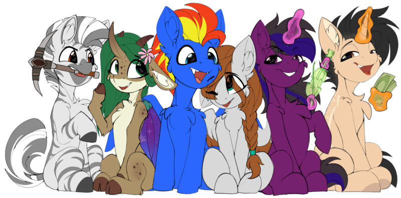 Size: 3215x1593 | Tagged: safe, artist:airfly-pony, derpibooru import, oc, oc:alatreon, oc:dark arreb, oc:elen, oc:mihana, oc:scarlett drop, oc:wing hurricane, pegasus, unicorn, zebra, derpibooru community collaboration, 2022 community collab, deep rock galactic, dryad (elepatrium), elepatrium, image, pickaxe, png, scarricane, universe elepatrium