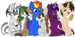 Size: 3215x1593 | Tagged: safe, artist:airfly-pony, derpibooru import, oc, oc:alatreon, oc:dark arreb, oc:elen, oc:mihana, oc:scarlett drop, oc:wing hurricane, pegasus, unicorn, zebra, derpibooru community collaboration, 2022 community collab, deep rock galactic, dryad (elepatrium), elepatrium, image, pickaxe, png, scarricane, universe elepatrium