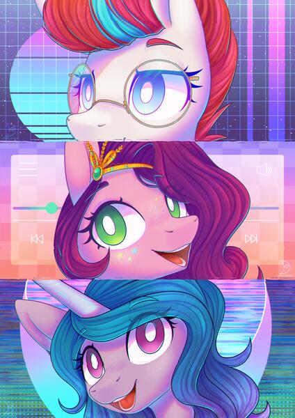 Size: 2480x3508 | Tagged: safe, artist:musicfirewind, derpibooru import, izzy moonbow, pipp petals, zipp storm, pegasus, pony, unicorn, my little pony: a new generation, aesthetics, g5, image, jpeg, open mouth