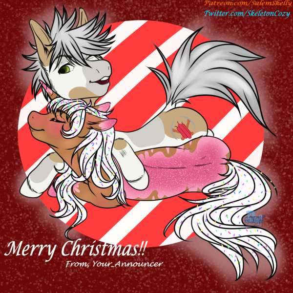 Size: 5000x5000 | Tagged: safe, derpibooru import, oc, oc:carty, oc:donut daydream, earth pony, pony, unicorn, christmas, cuddling, hearth's warming eve, holiday, image, platonic, platonic cuddling, png