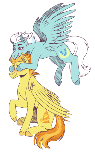 Size: 2800x4500 | Tagged: safe, artist:kikirdcz, derpibooru import, fleetfoot, spitfire, pegasus, pony, blushing, commission, covering eyes, duo, female, fleetfire, flying, grin, guess who, high res, image, lesbian, mare, one eye closed, png, raised hoof, shipping, simple background, smiling, transparent background, wink