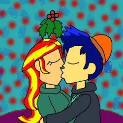 Size: 2000x2000 | Tagged: safe, artist:ktd1993, derpibooru import, flash sentry, sunset shimmer, equestria girls, female, flashimmer, holly, holly mistaken for mistletoe, image, kissing, male, png, shipping, straight