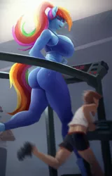 Size: 915x1432 | Tagged: suggestive, artist:maarthul, derpibooru import, rainbow dash, anthro, human, big breasts, breasts, busty rainbow dash, butt, clothes, female, gym, heart, huge breasts, image, large butt, larger female, male, pants, png, rainbutt dash, running, size difference, smaller male, text, this will end in snu snu, treadmill, wingless, wingless anthro, yoga pants