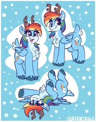 Size: 2869x3635 | Tagged: safe, artist:graphene, derpibooru import, rainbow dash, deer, pegadeer, reindeer, antlers, chest fluff, cute, dashabetes, ear fluff, female, image, lying down, on back, open mouth, open smile, png, reindeer dash, reindeerified, smiling, solo, species swap, wavy mouth