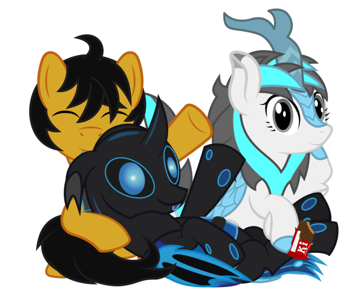 Size: 2076x1724 | Tagged: safe, artist:wheatley r.h., derpibooru import, oc, oc:blizzard flare, oc:rito, oc:w. rhinestone eyes, unofficial characters only, changeling, kirin, pegasus, pony, derpibooru community collaboration, 2022 community collab, automata, bat wings, blue changeling, changeling oc, chocolate bar, honeypot changeling, image, kirin oc, pegasus oc, png, raised hoof, simple background, transparent background, vector, wings