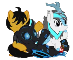 Size: 2076x1724 | Tagged: safe, artist:wheatley r.h., derpibooru import, oc, oc:blizzard flare, oc:rito, oc:w. rhinestone eyes, unofficial characters only, changeling, kirin, pegasus, pony, derpibooru community collaboration, 2022 community collab, automata, bat wings, blue changeling, changeling oc, chocolate bar, honeypot changeling, image, kirin oc, pegasus oc, png, raised hoof, simple background, transparent background, vector, wings