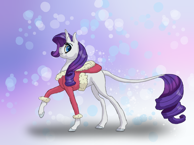 Size: 4000x3000 | Tagged: safe, artist:shaslan, derpibooru import, rarity, pony, unicorn, christmas outfit, female, image, leonine tail, mare, png, raised hoof, smiling, solo, tail, winter