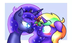 Size: 4385x2650 | Tagged: safe, artist:iceflower99, derpibooru import, princess luna, oc, oc:buggy brush, blushing, canon x oc, image, mistletoe, png, video at source, video in description