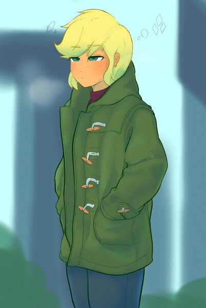 Size: 2048x3056 | Tagged: safe, artist:noupu, derpibooru import, applejack, equestria girls, clothes, eyebrows, eyebrows visible through hair, female, hand in pocket, high res, image, jacket, jpeg, lidded eyes, solo