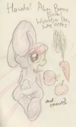 Size: 608x1014 | Tagged: safe, artist:slightlyshade, derpibooru import, apple bloom, earth pony, pony, animal costume, apple, bunny costume, carrot, clothes, costume, female, filly, food, image, jpeg, looking at you, looking back, looking back at you, text