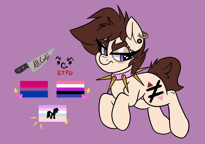 Size: 2027x1427 | Tagged: dead source, safe, oc, oc:allicoot, unofficial characters only, earth pony, pony, bisexual pride flag, brown mane, collar, cream coat, ear piercing, eyebrow slit, eyeshadow, frown, genderfluid pride flag, image, jpeg, knife, makeup, not-equal sign, piercing, ponygender, pride, pride flag, reference sheet, simple background, solo, spiked collar