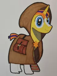 Size: 3024x4032 | Tagged: safe, artist:magicnova, derpibooru import, oc, oc:starfire blaze, pony, unicorn, derpibooru community collaboration, 2022 community collab, amputee, bag, blaze (coat marking), brooch, cloak, clothes, coat markings, derpibooru exclusive, eye scar, facial markings, image, jewelry, looking at you, male, offspring, parent:starlight glimmer, parent:sunburst, parents:starburst, png, prosthetic leg, prosthetic limb, prosthetics, saddle bag, scar, simple background, smiling, smiling at you, socks (coat marking), solo, stallion, traditional art, white background