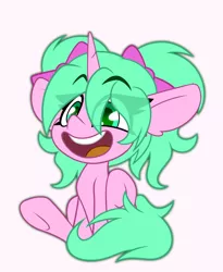 Size: 1322x1611 | Tagged: safe, artist:nekro-led, derpibooru import, oc, oc:magicalmysticva, unicorn, big smile, bow, chibi, commission, cute, green eyes, image, open mouth, pink coat, png, solo, teal mane, ych result