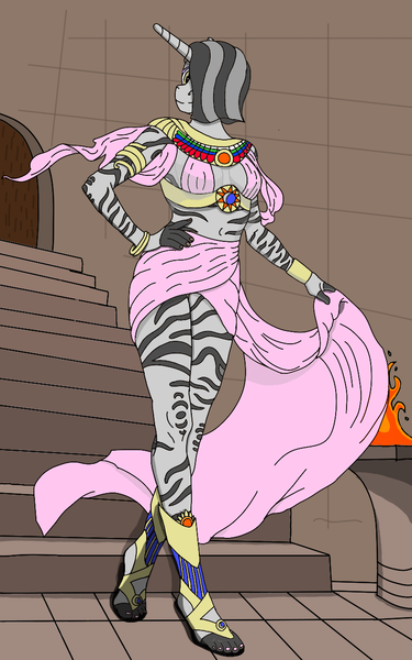 Size: 800x1280 | Tagged: suggestive, artist:royaltyofequestria, derpibooru import, oc, oc:maya, anthro, unicorn, zebra, zebracorn, background, bracelet, breasts, cloth, collar, egyptian, feet, fire, gold, gray coat, grey hair, hand, hand on hip, image, jewelry, nail polish, png, sandals, shading, shadow, solo, stripes, toenail polish, toenails, toes