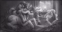 Size: 2789x1440 | Tagged: safe, artist:bantha, derpibooru import, pinkie pie, twilight sparkle, earth pony, pony, unicorn, blanket, blushing, book, candle, cup, eyes closed, female, glow, glowing horn, horn, image, kiss on the cheek, kissing, lesbian, magic, monochrome, png, shipping, snow, snowfall, twinkie, unshorn fetlocks, window