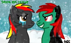 Size: 400x247 | Tagged: safe, artist:mudkip91/tetrahedron, derpibooru import, oc, oc:redarrow22, oc:tetrahedron, pegasus, pony, corrupted, depressing, face to face, good vs evil, image, mountain, png, sad, snow, snowfall, sonic epilogue, tears of sadness, this will end in death, this will end in tears