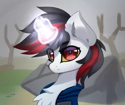 Size: 2689x2257 | Tagged: safe, artist:jfrxd, derpibooru import, oc, oc:blackjack, unofficial characters only, pony, unicorn, fallout equestria, fallout equestria: project horizons, bust, chest fluff, commission, eye clipping through hair, eyebrows, eyebrows visible through hair, fanfic art, female, frown, glow, glowing horn, headshot commission, high res, horn, image, looking at you, magic, magic aura, mare, png, portrait, solo, unicorn oc