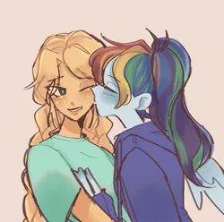 Size: 1471x1457 | Tagged: safe, artist:warnerstan2, derpibooru import, applejack, rainbow dash, human, appledash, female, humanized, image, jpeg, kiss on the cheek, kissing, lesbian, shipping, simple background