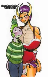 Size: 800x1275 | Tagged: suggestive, artist:pbdrewthat, derpibooru import, smolder, spike, anthro, dragon, big breasts, blushing, breasts, busty smolder, christmas, dragoness, female, holiday, huge breasts, image, jpeg, larger female, lizard breasts, male, offering, shipping, simple background, size difference, spolder, straight, white background