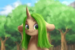 Size: 1500x1000 | Tagged: safe, artist:mayslost, derpibooru import, oc, unofficial characters only, pony, unicorn, floppy ears, forest, green eyes, image, jpeg, looking at you, messy mane, reflection, smiling, solo, tree