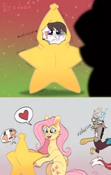 Size: 2500x3931 | Tagged: safe, artist:zoodle, derpibooru import, discord, fluttershy, oc, draconequus, pegasus, pony, christmas, comic, crying, draconequus oc, female, holiday, image, laughing, male, mare, png, pointing, trio