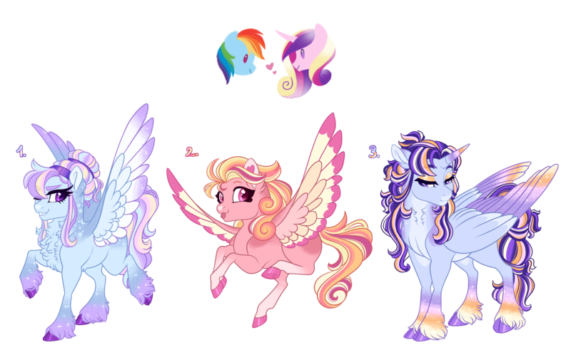 Size: 4600x2822 | Tagged: safe, artist:gigason, derpibooru import, princess cadance, rainbow dash, oc, oc:cupid arrow, oc:rainy parade, oc:sweet nothings, alicorn, pegasus, pony, cadash, colored wings, female, image, infidelity, lesbian, mare, multicolored wings, parents:cadash, png, shipping, simple background, transparent background, wings