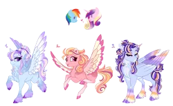 Size: 4600x2822 | Tagged: safe, artist:gigason, derpibooru import, princess cadance, rainbow dash, oc, oc:cupid arrow, oc:rainy parade, oc:sweet nothings, alicorn, pegasus, pony, cadash, colored wings, female, image, infidelity, lesbian, mare, multicolored wings, parents:cadash, png, shipping, simple background, transparent background, wings