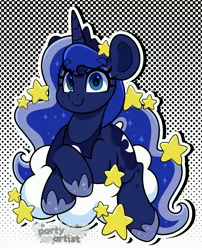 Size: 3236x4000 | Tagged: safe, artist:partylikeanartist, derpibooru import, princess luna, alicorn, pony, cloud, cute, female, image, jpeg, lunabetes, lying down, lying on a cloud, mare, on a cloud, redraw, smiling, solo, stars