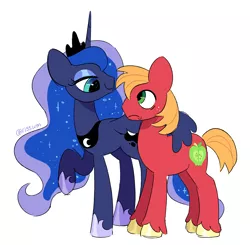 Size: 3058x3000 | Tagged: safe, artist:risswm, derpibooru import, big macintosh, princess luna, alicorn, earth pony, pony, female, frown, image, looking at each other, looking at someone, lunamac, male, mare, png, shipping, simple background, smiling, stallion, straight, white background