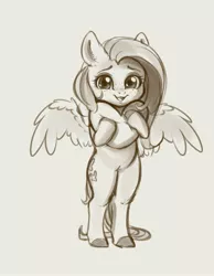Size: 2555x3295 | Tagged: safe, artist:miokomata, derpibooru import, fluttershy, pegasus, pony, semi-anthro, cute, female, freckles, freckleshy, heart, heart pillow, image, jpeg, looking at you, mare, monochrome, pillow, shyabetes, simple background, smiling, smiling at you, solo, white background