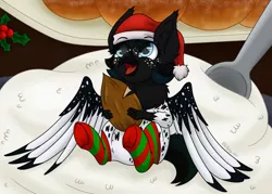 Size: 1280x916 | Tagged: safe, artist:zackwhitefang, derpibooru import, oc, oc:maggie, gryphon, hybrid, pony, beak, christmas, clothes, digital art, female, griffon oc, hat, holiday, hooves, image, jpeg, open mouth, santa hat, socks, solo, spread wings, striped socks, tail, wings