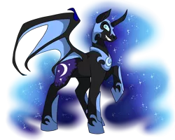 Size: 3750x3000 | Tagged: safe, artist:gingygin, derpibooru import, nightmare moon, alicorn, pony, bat wings, blue eyes, blue mane, blue tail, ethereal mane, fangs, female, flowing mane, flowing tail, grin, helmet, hoof shoes, horn, image, looking at you, png, raised hoof, simple background, smiling, solo, sparkles, spread wings, starry mane, starry tail, tail, teeth, transparent background, wings