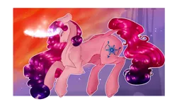 Size: 1024x601 | Tagged: safe, artist:magnetjasdraw329, derpibooru import, princess amore, pony, unicorn, colored pupils, curved horn, ethereal mane, female, flowing mane, flowing tail, glow, glowing horn, horn, image, looking down, magic, orange eyes, pink mane, png, sad, sky, solo, sparkles, starry mane, starry tail, sunlight, sunset, tail, teary eyes