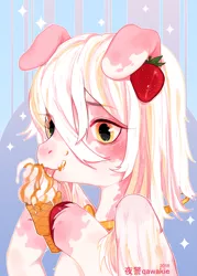 Size: 1000x1400 | Tagged: safe, artist:qawakie, derpibooru import, oc, unofficial characters only, pegasus, pony, bust, eating, food, hoof hold, ice cream, ice cream cone, image, licking, pegasus oc, png, smiling, solo, strawberry, tongue out, unshorn fetlocks, wings