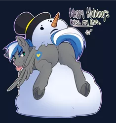 Size: 1905x2026 | Tagged: safe, artist:royvdhel-art, derpibooru import, oc, oc:cloud zapper, unofficial characters only, pegasus, pony, :p, commission, featureless crotch, image, male, pegasus oc, png, presenting, snowman, solo, solo male, stallion, talking, tongue out, underhoof, wings, ych result