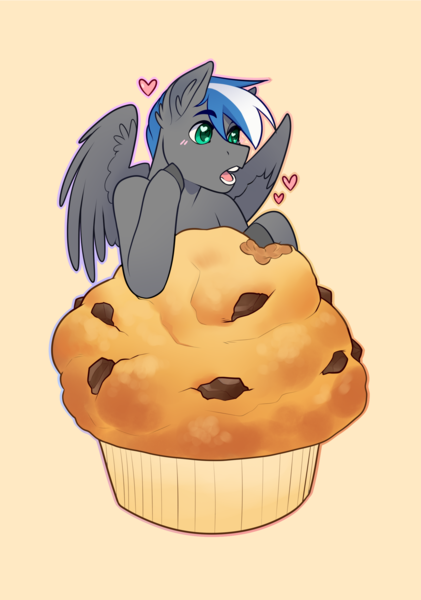 Size: 1585x2258 | Tagged: safe, artist:royvdhel-art, derpibooru import, oc, oc:cloud zapper, unofficial characters only, pegasus, pony, :o, bust, commission, ear fluff, food, heart, image, male, micro, muffin, open mouth, pegasus oc, png, simple background, stallion, wings, ych result, yellow background