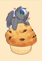 Size: 1585x2258 | Tagged: safe, artist:royvdhel-art, derpibooru import, oc, oc:cloud zapper, unofficial characters only, pegasus, pony, :o, bust, commission, ear fluff, food, heart, image, male, micro, muffin, open mouth, pegasus oc, png, simple background, stallion, wings, ych result, yellow background