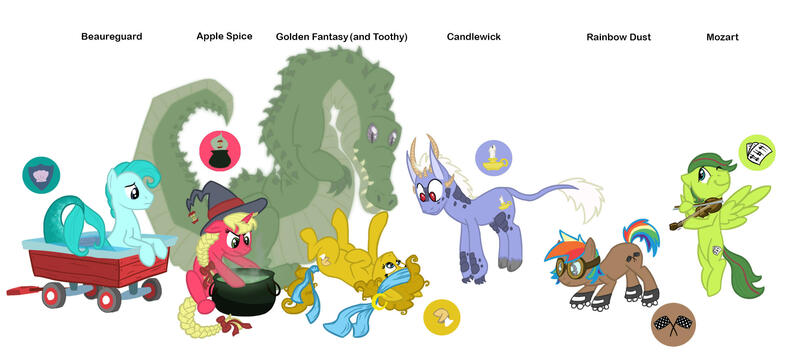 Size: 2500x1108 | Tagged: safe, artist:torusthescribe, derpibooru import, oc, unofficial characters only, alligator, hybrid, pegasus, pony, cauldron, flying, goggles, hat, image, interspecies offspring, jpeg, male, multicolored hair, offspring, parent:discord, parent:rainbow dash, parent:twilight sparkle, parents:discolight, pegasus oc, rainbow hair, simple background, stallion, wagon, white background, wings, witch hat