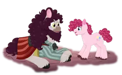 Size: 3134x1914 | Tagged: safe, artist:queenderpyturtle, derpibooru import, pinkie pie, oc, oc:shoofly, earth pony, pony, beard, facial hair, female, filly, filly pinkie pie, image, lying down, male, png, prone, simple background, stallion, transparent background, younger