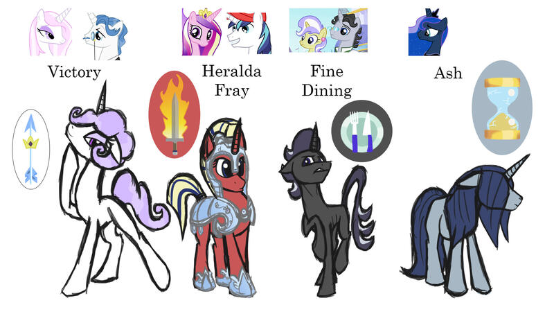 Size: 2500x1417 | Tagged: safe, artist:torusthescribe, derpibooru import, fancypants, fleur-de-lis, jet set, princess cadance, princess luna, shining armor, upper crust, oc, pony, unicorn, female, guard, helmet, hoof shoes, horn, image, jpeg, male, mare, offspring, parent:fancypants, parent:fleur-de-lis, parent:jet set, parent:princess cadance, parent:princess luna, parent:shining armor, parent:upper crust, parents:fancyfleur, parents:shiningcadance, parents:upperset, screencap reference, simple background, smiling, stallion, unicorn oc, white background