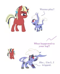 Size: 1320x1624 | Tagged: safe, artist:torusthescribe, derpibooru import, oc, unofficial characters only, hybrid, pony, unicorn, blood, comic, dialogue, horn, image, interspecies offspring, jpeg, offspring, parent:discord, parent:twilight sparkle, parents:discolight, smiling, smirk, story included, unicorn oc