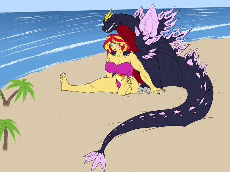 Size: 900x675 | Tagged: suggestive, artist:lurking_tyger, derpibooru import, sunset shimmer, human, equestria girls, beach, big breasts, blushing, breasts, busty sunset shimmer, clothes, commission, female, fingernails, giantess, godzilla (series), image, jpeg, macro, massage, spacegodzilla, swimsuit