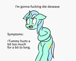Size: 1000x804 | Tagged: safe, artist:happy harvey, derpibooru import, lyra heartstrings, ponified, pony, unicorn, drawn on phone, dying, floppy ears, holding stomach, image, misspelling, open mouth, png, solo, teary eyes, this will end in death, tummy ache